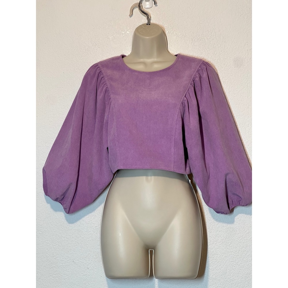 Zara Purple Corduroy Puff Sleeve Crop Top Lilac Boxy Blouse Small